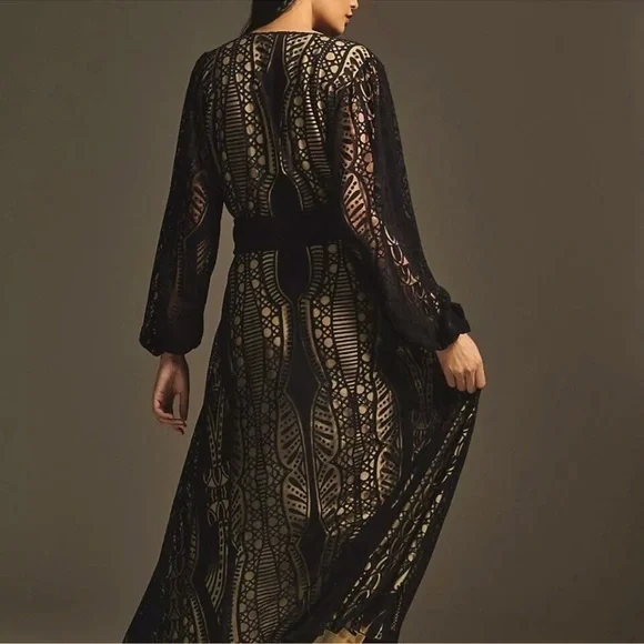 Farm Rio Anthropologie Medium Devore Fringed Maxi Dress Crochet Lace Black - Picture 7 of 15